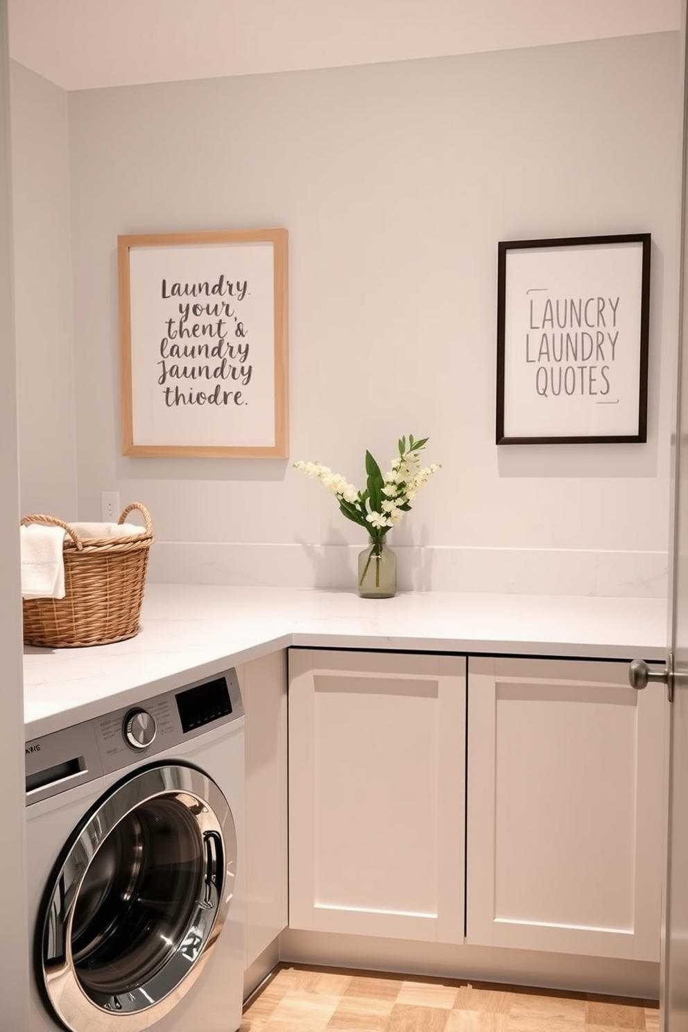 A stylish laundry room features a sleek countertop made of quartz, with a modern washing machine and dryer seamlessly integrated beneath it. To the side, a chic laundry basket made of woven rattan adds a touch of elegance, while a framed print of motivational laundry quotes adorns the wall. The cabinetry is painted in a soft pastel color, offering both functionality and charm. Bright LED lighting illuminates the space, creating a cheerful atmosphere that makes laundry day feel less of a chore.