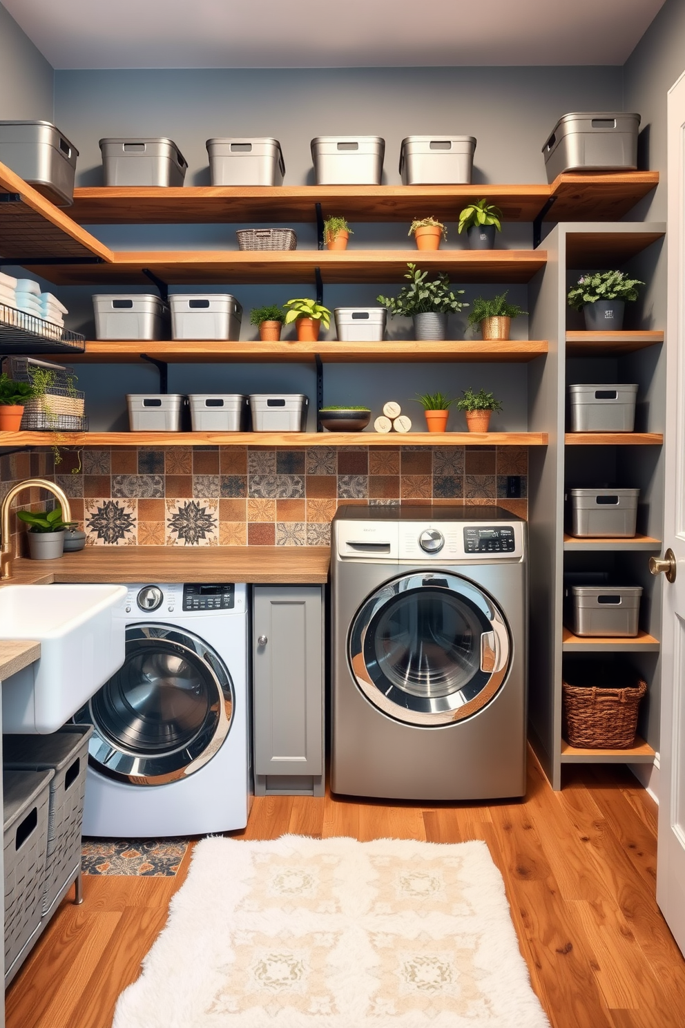 A stylish laundry room with a combination of rustic wooden shelves and sleek metal storage bins. The walls are painted in a soft blue hue, while the floor features a warm wood finish for a cozy feel. Incorporate a large farmhouse sink with a brushed nickel faucet, surrounded by colorful patterned tiles for a pop of personality. Add a plush area rug in front of the washer and dryer, and display potted plants on the shelves for a touch of greenery.