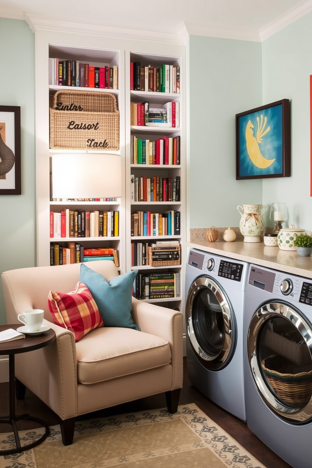 A cozy reading nook area features a plush armchair upholstered in soft fabric positioned next to a tall bookshelf filled with colorful books. A small side table holds a steaming cup of tea and a warm throw blanket drapes over the armchair, inviting relaxation. Labor Day laundry room decorating ideas include brightening the space with cheerful wall colors and adding decorative storage baskets for organization. A stylish countertop provides a space for folding clothes, while wall art adds a personal touch to the functional area.