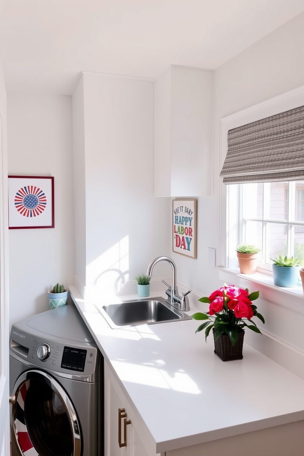 A bright and airy laundry room features a spacious countertop with a stylish sink and ample storage cabinets above. Potted plants are strategically placed on the countertop and windowsill to add freshness and life to the space. The walls are painted in a soft pastel hue, creating a calming atmosphere. A decorative laundry basket sits in the corner, and cheerful artwork adorns the walls to celebrate Labor Day.