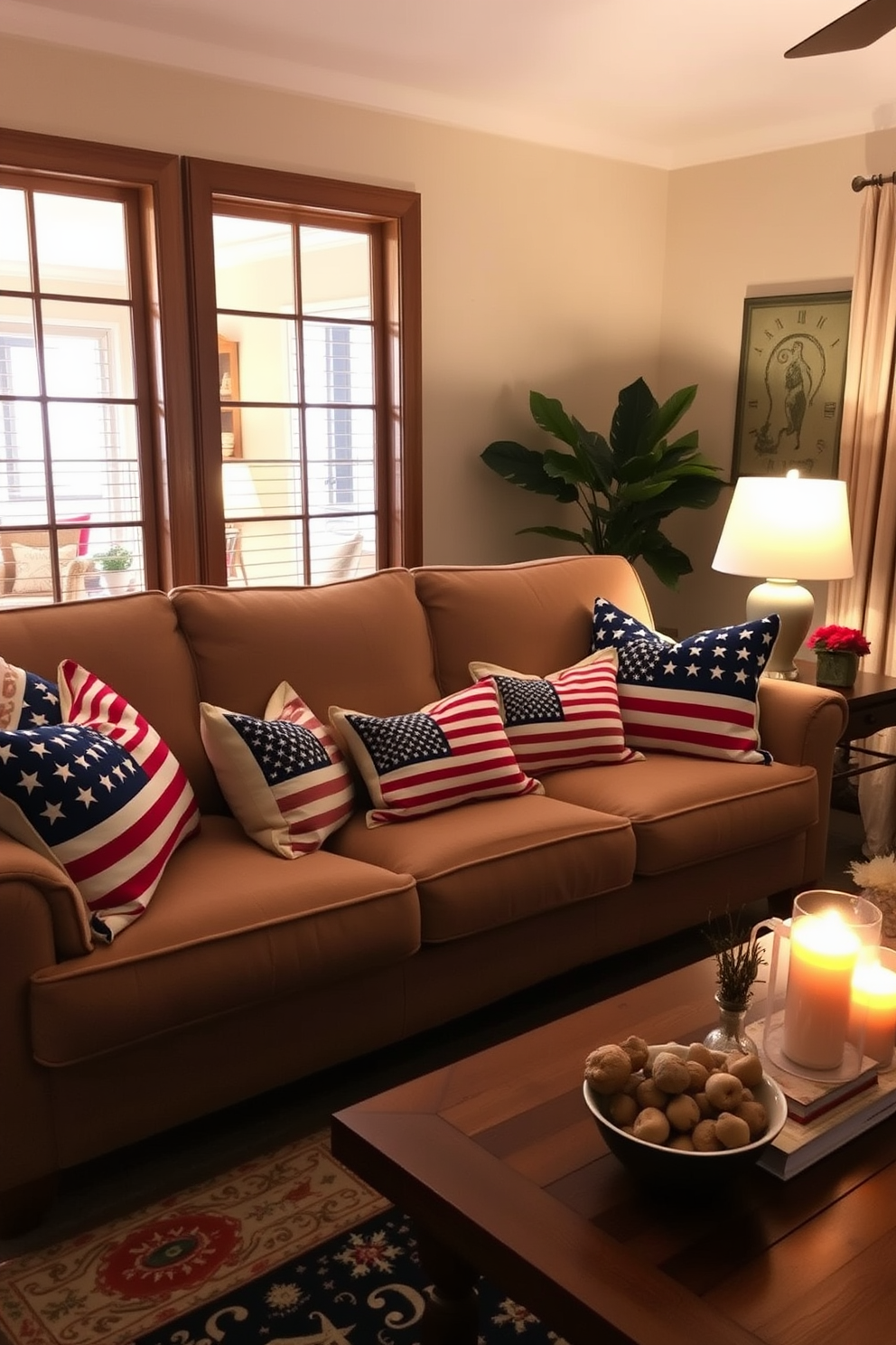 Create a cozy living room that celebrates Labor Day with patriotic throw pillows adorning a plush sofa. The space features warm lighting, a coffee table with seasonal decorations, and an inviting atmosphere perfect for gatherings.