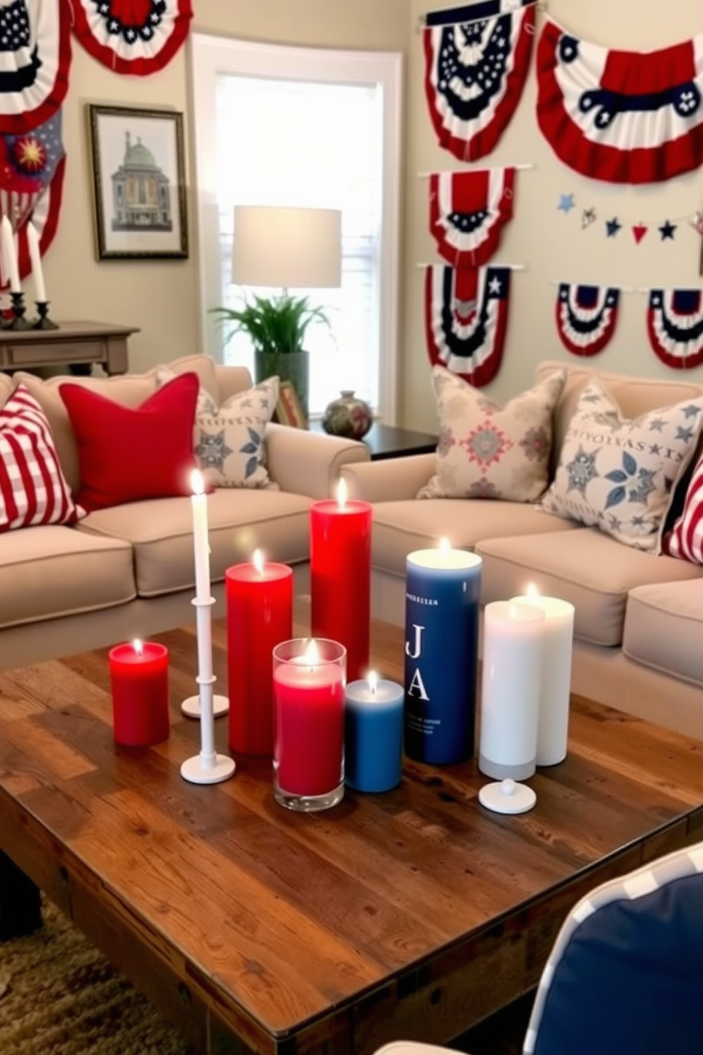 A festive living room setting adorned with candles in red, white, and blue. The candles are arranged on a rustic wooden coffee table surrounded by plush seating in neutral tones. The walls are decorated with patriotic art and banners, creating a cheerful ambiance. Soft throw pillows in coordinating colors add a touch of comfort to the space.