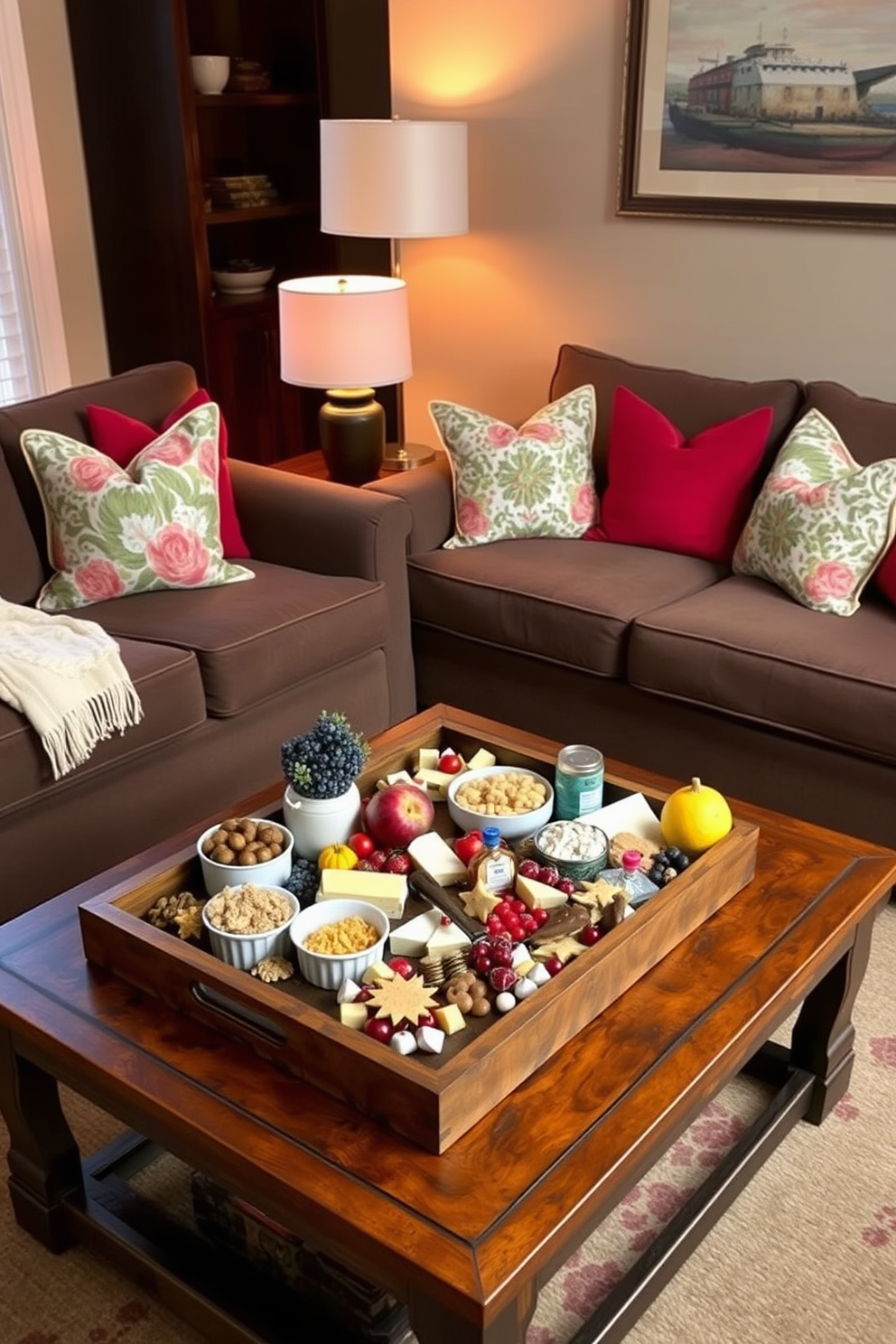 A cozy living room setting adorned with decorative trays showcasing an array of seasonal snacks for Labor Day. The space features a comfortable sectional sofa, accented with vibrant throw pillows and a soft blanket draped over the armrest. A rustic coffee table sits in the center, holding a beautifully arranged tray filled with fresh fruits, cheeses, and festive treats. Warm lighting from a stylish floor lamp creates an inviting ambiance, enhancing the holiday spirit in the room.