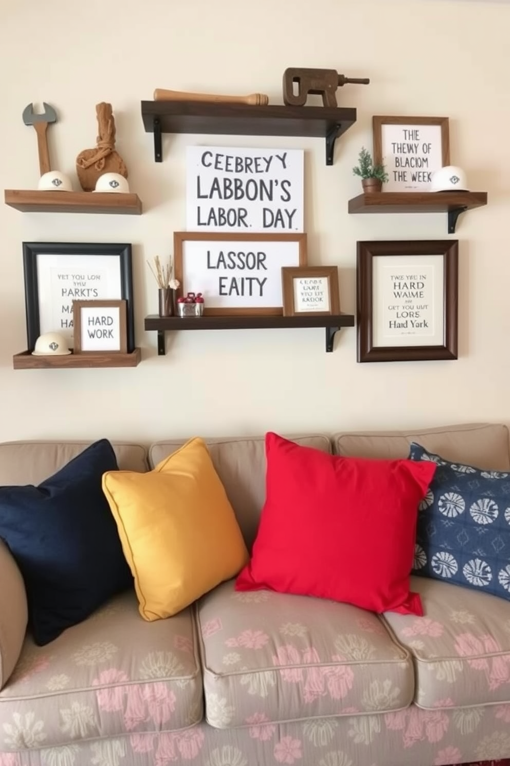 A cozy living room featuring wall-mounted shelves adorned with themed decor celebrating Labor Day. The shelves are filled with rustic elements such as small tools, miniature hard hats, and framed quotes about hard work, creating a festive and inviting atmosphere.