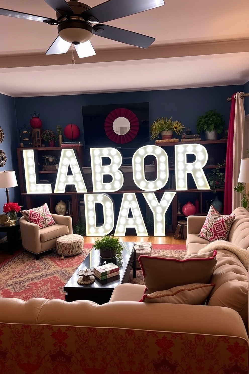 A vibrant living room filled with lighted marquee letters spelling Labor Day. The letters are set against a backdrop of colorful decorations and cozy furniture, creating a festive atmosphere.