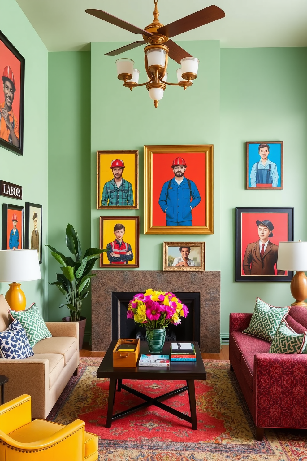 A vibrant living room adorned with colorful artwork that celebrates labor themes. The walls are decorated with framed pieces showcasing various professions, adding a dynamic touch to the space.