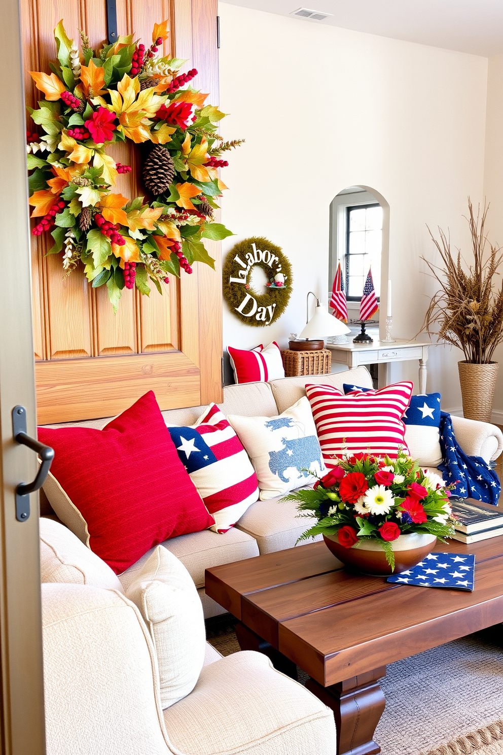 A vibrant seasonal wreath adorns the front door, featuring a mix of autumn leaves, pinecones, and bright berries. The welcoming entrance sets the tone for a cozy home filled with warmth and festive spirit. Inside the living room, Labor Day decorations create a relaxed atmosphere with red, white, and blue accents. Plush cushions and throws in patriotic colors are arranged on a comfortable sofa, complemented by a rustic coffee table adorned with seasonal flowers.