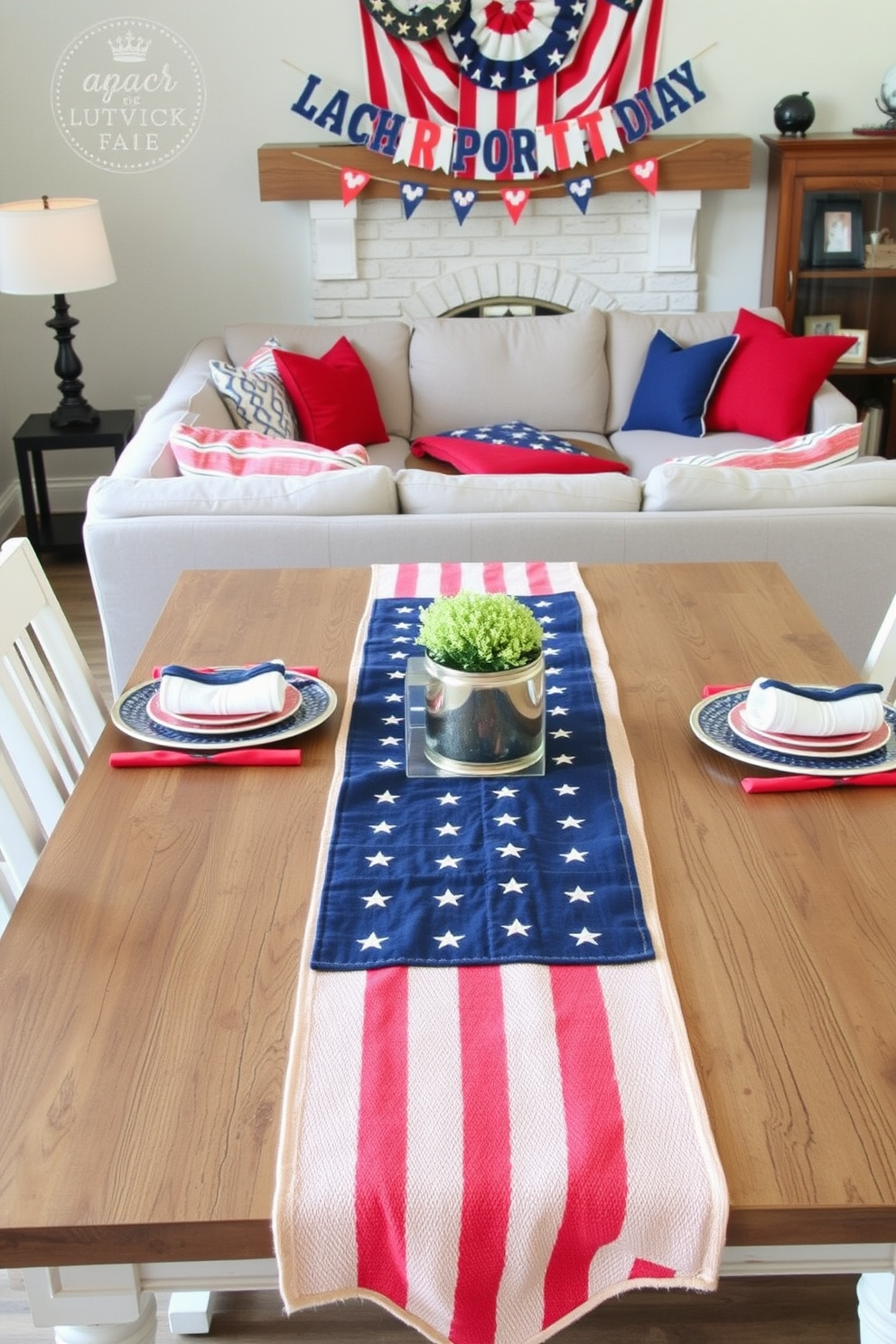 A patriotic themed table runner is displayed across a rustic wooden dining table. The runner features red, white, and blue stripes with stars, complemented by matching napkins and decorative plates. In the living room, red and blue cushions are arranged on a neutral-toned sofa. A festive banner hangs above the mantel, adorned with stars and stripes, creating a warm and inviting atmosphere for Labor Day celebrations.