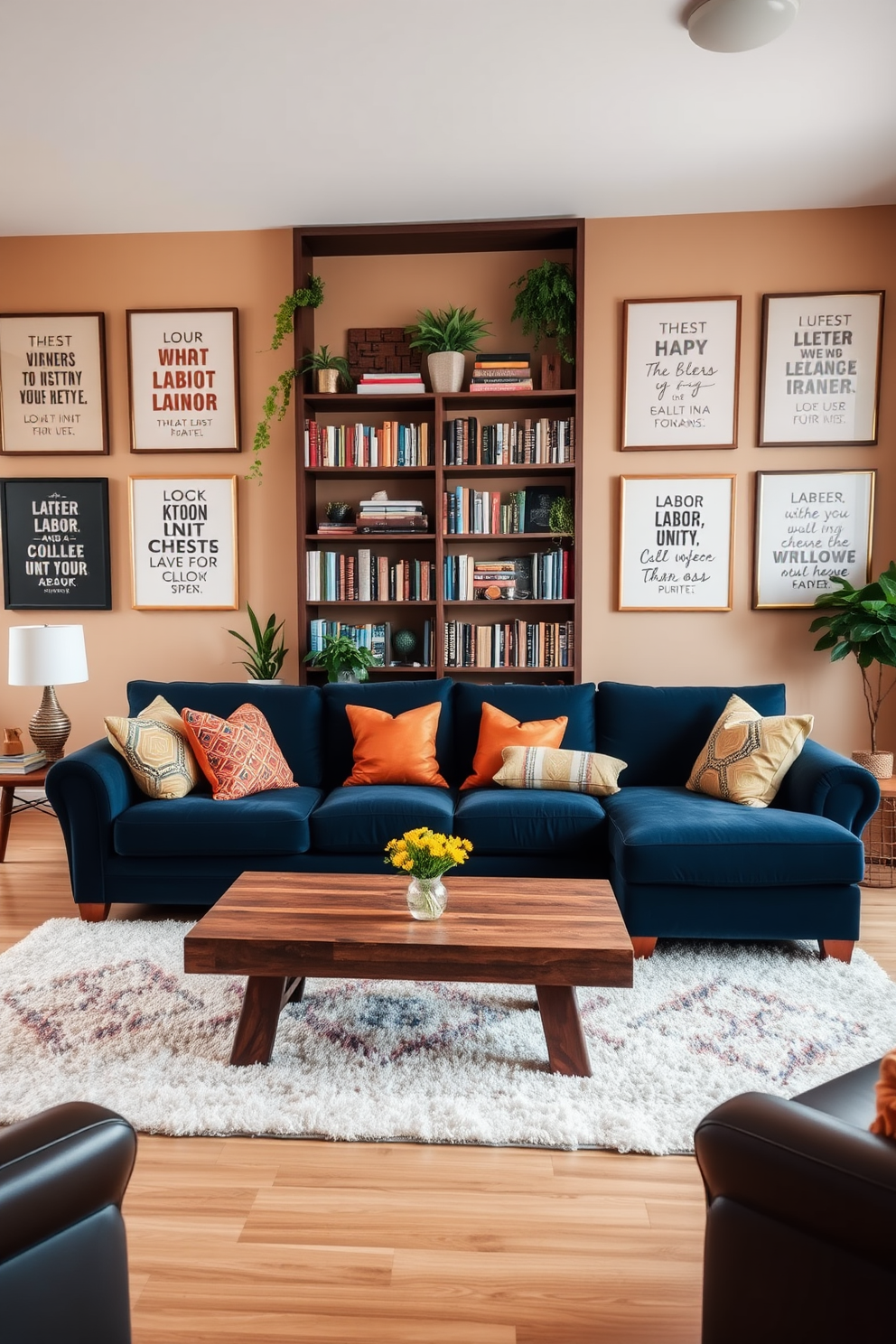 A cozy living room adorned with framed quotes about labor and unity. The walls are painted in a warm beige tone, and a large bookshelf filled with books and plants serves as a backdrop. In the center, a plush sectional sofa in deep blue invites relaxation, complemented by colorful throw pillows. A rustic coffee table made of reclaimed wood sits atop a soft area rug, creating a welcoming atmosphere for gatherings.