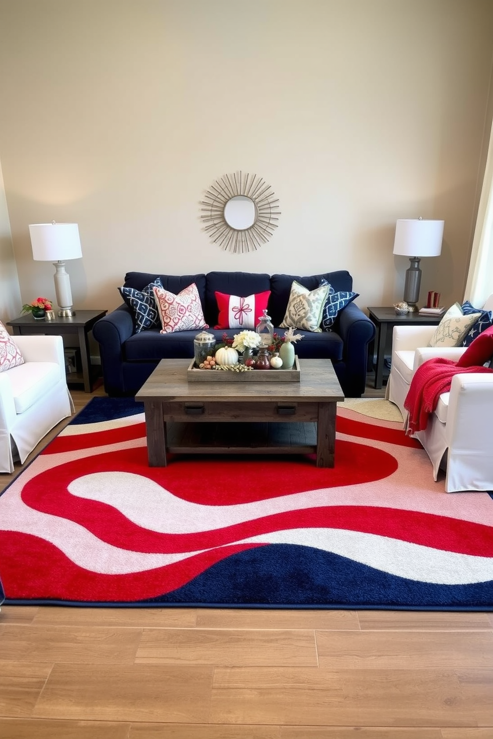 A vibrant living room featuring a red white and blue area rug that adds a festive touch to the space. The rug is placed under a cozy seating arrangement with a navy blue sofa and white accent chairs, creating a welcoming atmosphere for gatherings. Decorative throw pillows in coordinating colors enhance the overall look while a rustic coffee table sits at the center, adorned with seasonal decor. The walls are painted in a soft beige, allowing the bold colors of the rug to stand out beautifully.