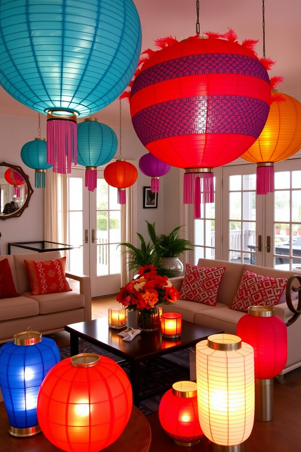 A vibrant living room adorned with decorative lanterns in festive colors. The lanterns hang from the ceiling and are placed on tables, creating a warm and inviting atmosphere for Labor Day celebrations.