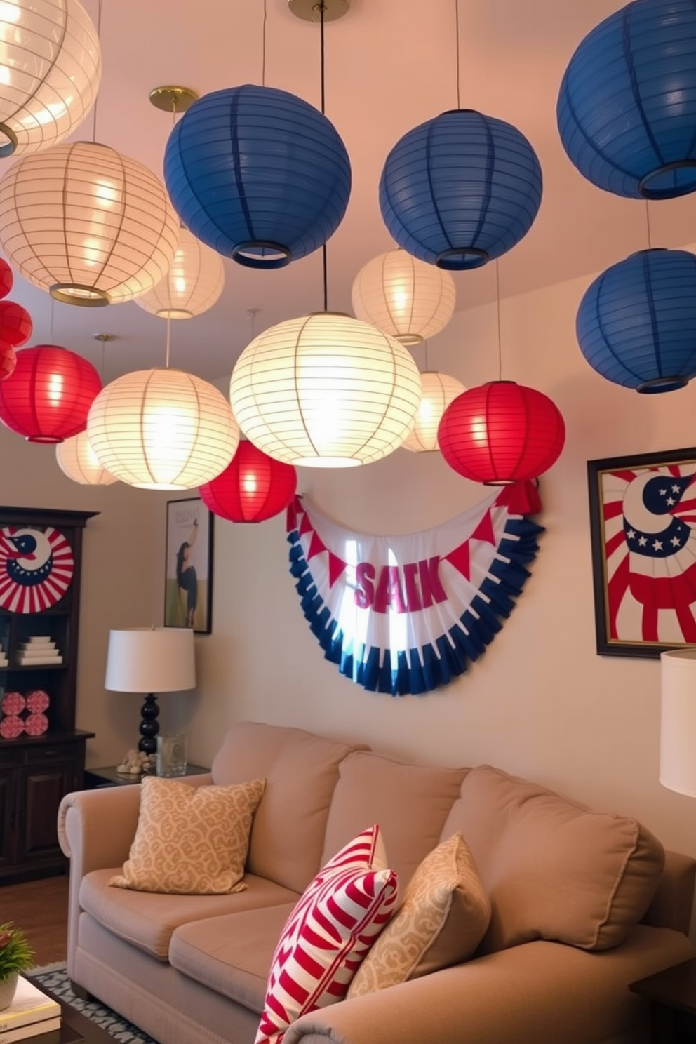 A cozy living room adorned with hanging paper lanterns in red, white, and blue creates a festive atmosphere for Labor Day celebrations. The lanterns are suspended from the ceiling, casting a warm glow over a comfortable seating area featuring a plush sofa and vibrant throw pillows.