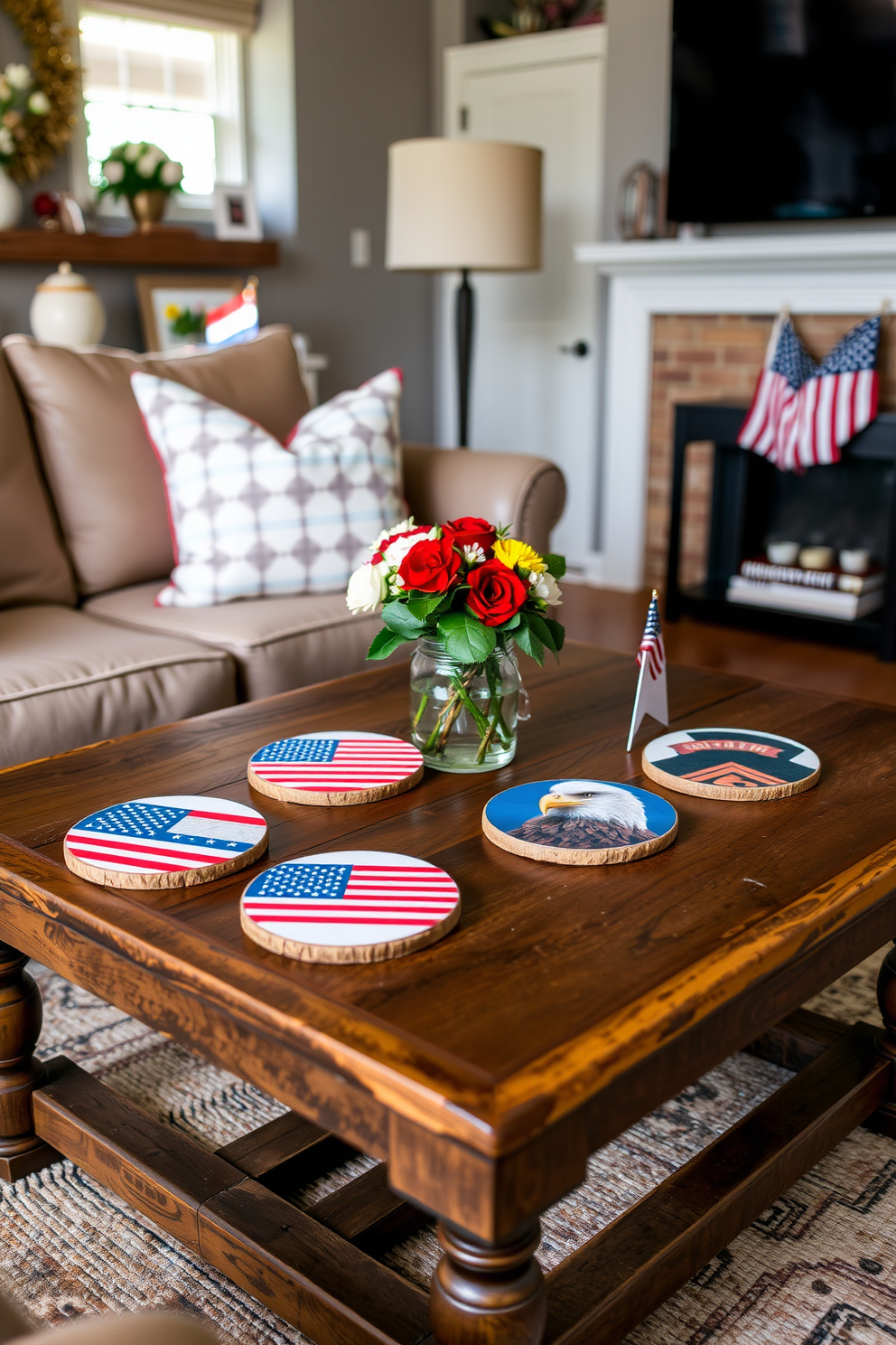 Stylish coasters featuring American symbols are arranged on a rustic wooden coffee table in a cozy living room. The coasters showcase iconic images such as the American flag and the bald eagle, adding a patriotic touch to the space. Labor Day decorations enhance the inviting atmosphere of the room. Festive accents like red, white, and blue throw pillows and a small centerpiece of seasonal flowers create a warm and celebratory vibe.