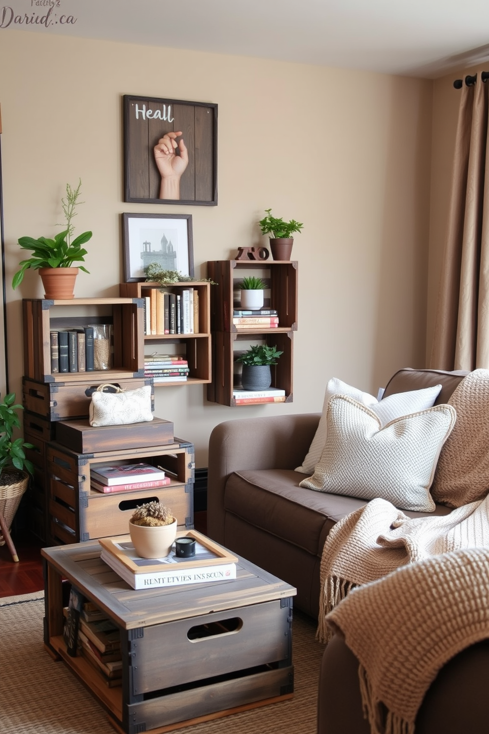 A cozy living room featuring vintage crates as rustic decor elements. The crates are stacked creatively to serve as a coffee table and display shelves for books and plants. The space is adorned with warm, earthy tones that enhance the rustic charm. Soft, textured throw pillows and a woven blanket add comfort to the seating area, inviting relaxation.