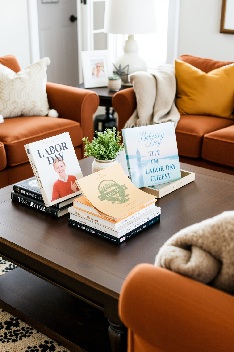 A cozy living room setting featuring a coffee table adorned with seasonal books related to Labor Day. The table is surrounded by plush seating in warm tones, and a soft throw blanket is draped over one of the chairs.