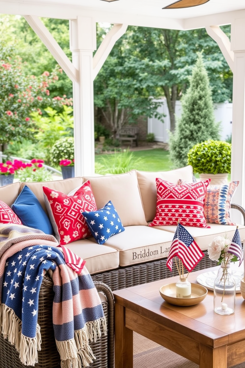 Colorful cushions are arranged on a stylish outdoor seating area, featuring a comfortable sectional sofa made of weather-resistant materials. The cushions showcase vibrant patterns and hues, adding a cheerful touch to the serene garden backdrop. The living room is beautifully decorated for Labor Day, with a blend of red, white, and blue accents throughout the space. A cozy throw blanket drapes over the arm of the sofa, while festive decorations adorn the coffee table, creating a welcoming atmosphere for gatherings.