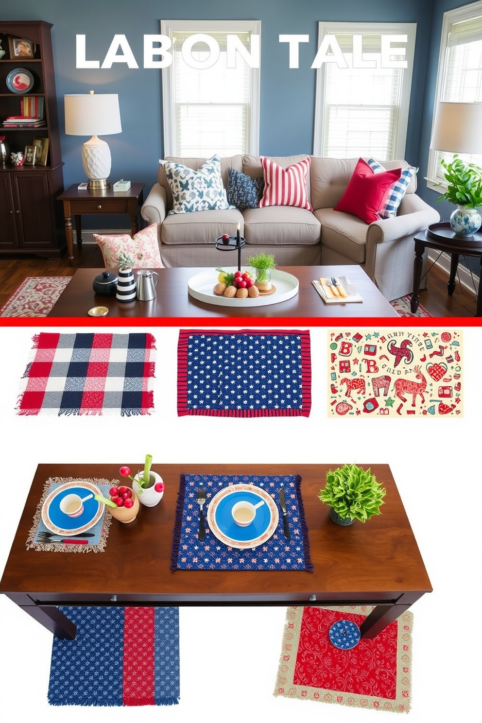 A collection of festive placemats designed for coffee tables. Each placemat features vibrant colors and seasonal patterns that enhance the holiday spirit. Creative Labor Day decorating ideas for a living room. Incorporate red white and blue accents through pillows and throws to celebrate the occasion while maintaining a stylish ambiance.