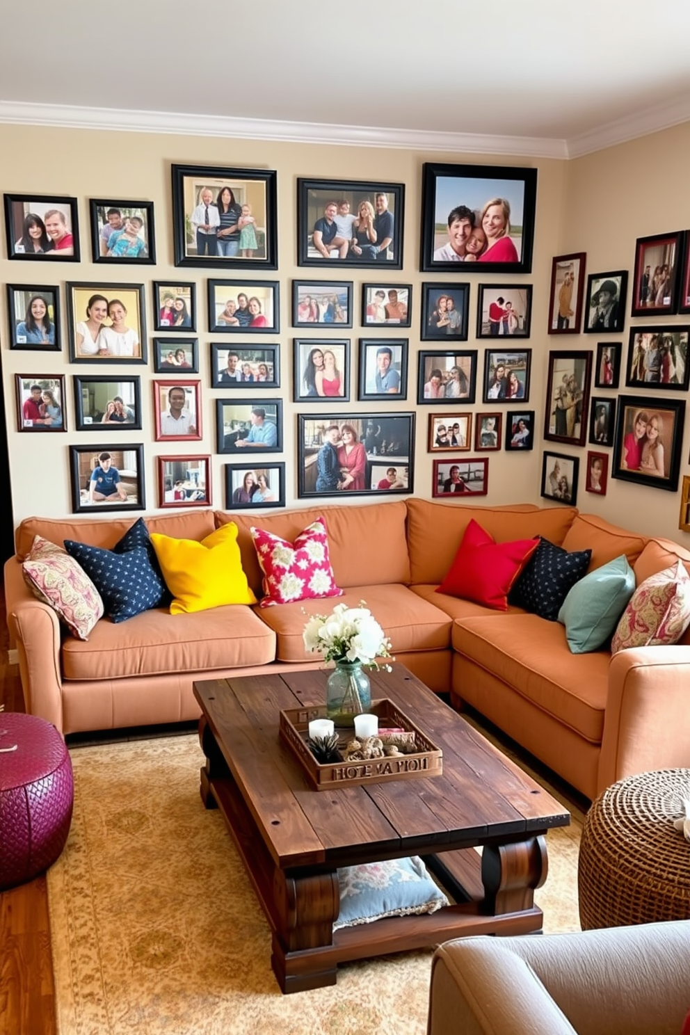 A cozy living room adorned with creative photo displays capturing cherished family gatherings. The walls are lined with a gallery of framed photographs in various sizes, showcasing joyful moments and vibrant memories. The space features a comfortable sectional sofa in a warm neutral tone, complemented by colorful throw pillows. A rustic coffee table sits at the center, surrounded by decorative elements that reflect personal stories and family heritage.