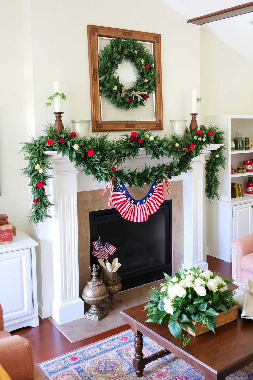 A cozy living room adorned with festive garlands draped elegantly over the mantel. The garlands are lush with greenery and colorful accents, creating a warm and inviting atmosphere for Labor Day celebrations.