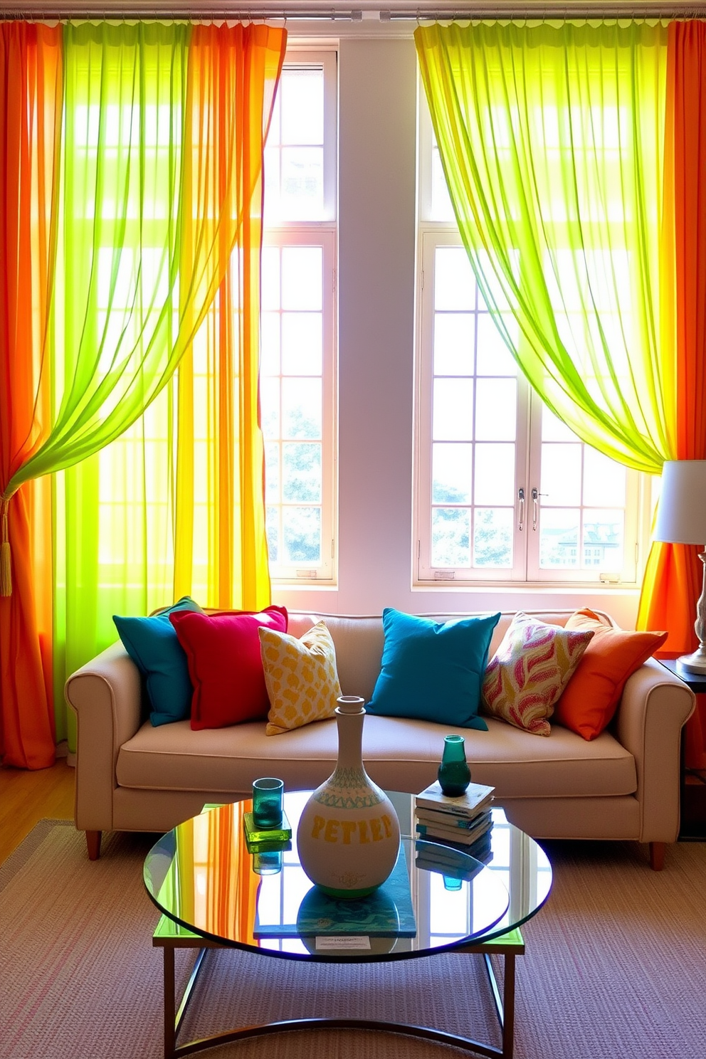 Brightly colored curtains frame the windows, adding a vibrant touch to the space. The curtains are made of a lightweight fabric that allows natural light to filter through, creating an airy atmosphere. In the living room, a cozy seating arrangement features a plush sofa adorned with colorful throw pillows. A stylish coffee table sits in the center, complemented by a few decorative accessories that reflect the cheerful theme.