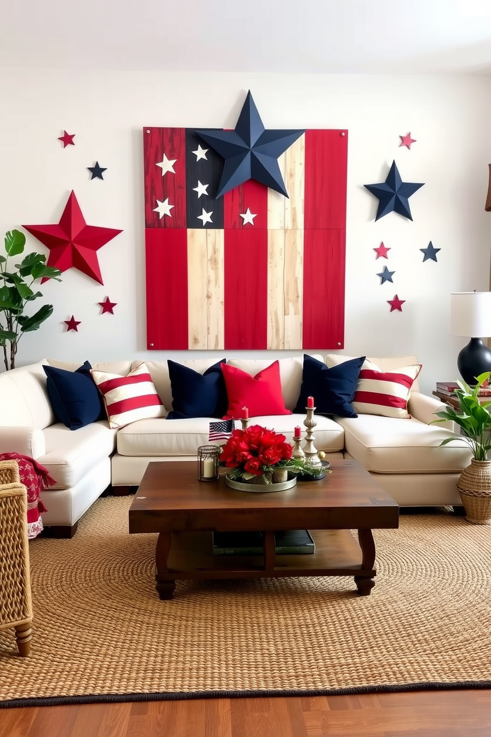 A vibrant living room featuring a striking stars and stripes wall art display that serves as the focal point of the room. The furniture is arranged to create a cozy atmosphere, with a plush sectional sofa and a rustic coffee table adorned with seasonal decorations. Bright red and navy blue throw pillows complement the art, adding a festive touch. A woven area rug anchors the space, while a few potted plants bring in a refreshing natural element.