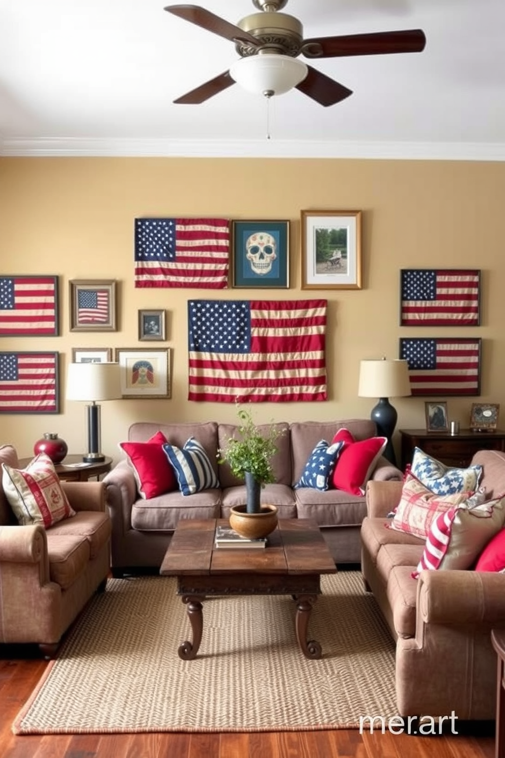 A cozy living room adorned with vintage American flags as decor accents. The walls are painted a warm beige, and the furniture includes a plush sofa and a rustic coffee table. On the walls, several framed vintage flags are displayed, creating a patriotic focal point. A festive arrangement of red, white, and blue throw pillows complements the decor, while a woven rug adds texture to the space.