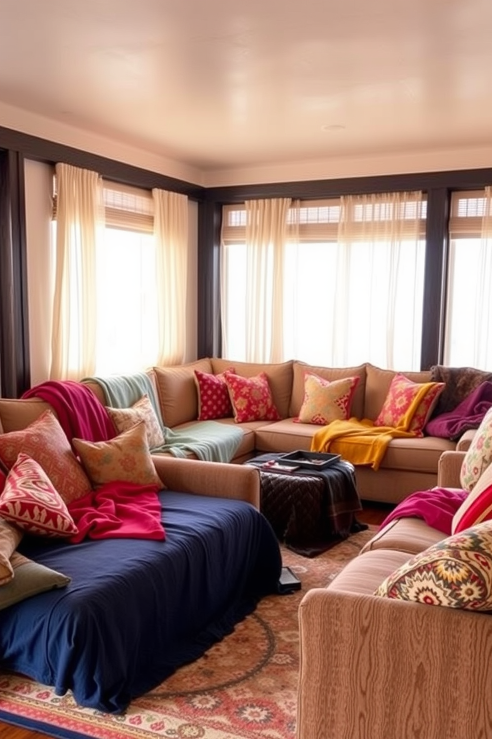 Cushioned seating arranged in a cozy living room filled with colorful blankets draped over the furniture. The space features warm lighting that enhances the inviting atmosphere, with a large area rug anchoring the seating area.