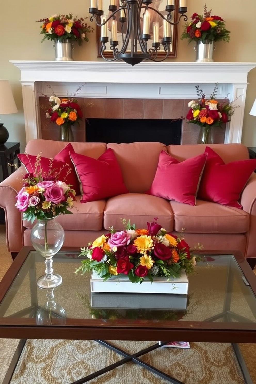 A cozy living room adorned with seasonal floral arrangements in elegant vases. The vibrant colors of the flowers complement the warm tones of the furniture, creating a welcoming atmosphere. Decorative pillows in rich hues are scattered on a plush sofa, enhancing the inviting feel of the space. A stylish coffee table sits in the center, topped with a seasonal centerpiece that ties the room together.