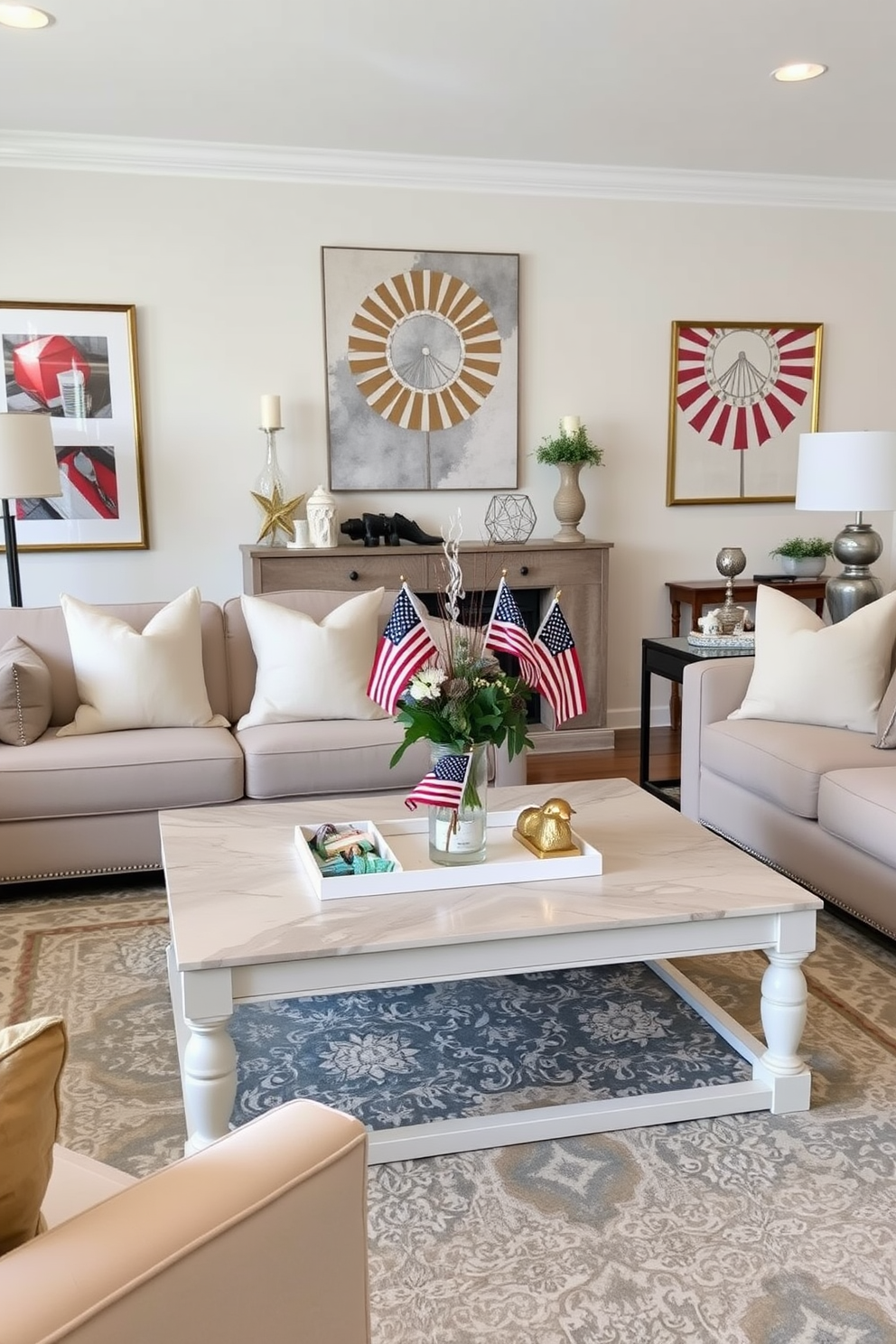 A stylish living room setting featuring a large coffee table at the center adorned with an elegant table centerpiece that includes mini flags representing Labor Day. Surrounding the table are plush sofas in neutral tones, and the walls are decorated with seasonal artwork that captures the spirit of the holiday.