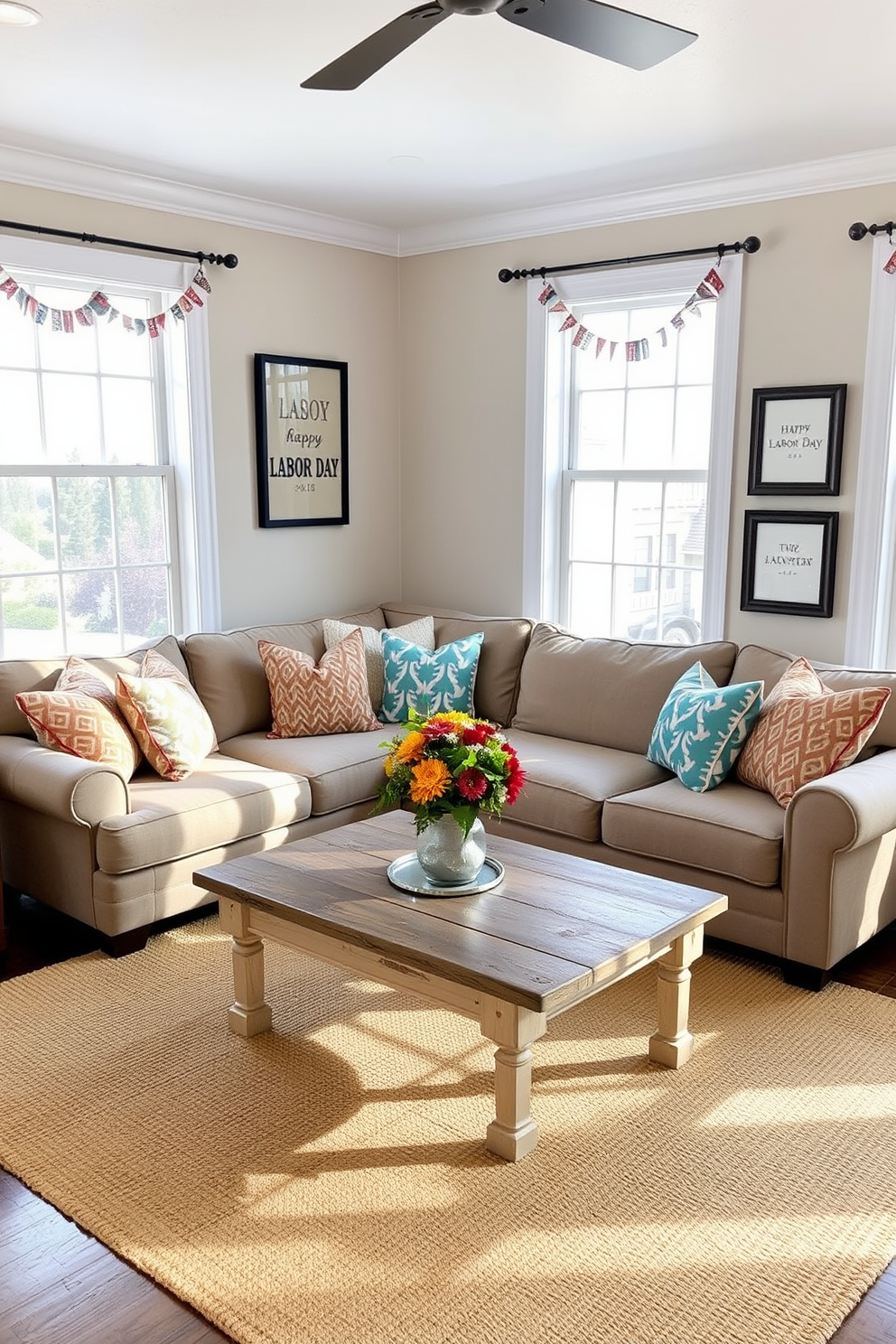 A cozy living room adorned with festive bunting along the window frames. The space features a comfortable sectional sofa with colorful throw pillows and a rustic coffee table at the center. On the walls, there are framed art pieces that celebrate Labor Day themes. A warm area rug anchors the seating area, and a cheerful centerpiece on the table adds a touch of seasonal charm.