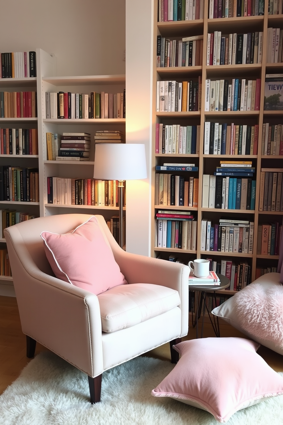 Create a cozy reading nook with plush cushions in soft pastel colors. A comfortable armchair is positioned next to a tall bookshelf filled with an array of books and a small side table holding a steaming cup of tea. Incorporate warm lighting with a stylish floor lamp that casts a gentle glow. Add a soft area rug underfoot to enhance the inviting atmosphere of the space.