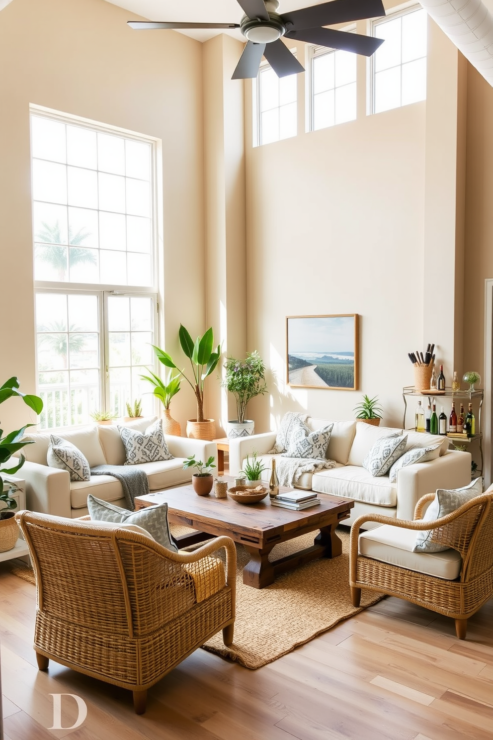 A spacious loft living area designed for Labor Day celebrations. The walls are painted in soft beige, complemented by a plush cream sofa adorned with light gray cushions. A rustic wooden coffee table sits in the center, surrounded by woven chairs in natural tones. Large windows allow ample natural light to fill the space, enhancing the airy atmosphere. Decorative elements include a collection of potted plants and a cozy throw blanket draped over the sofa. A stylish bar cart in the corner is stocked with refreshments, perfect for entertaining guests.