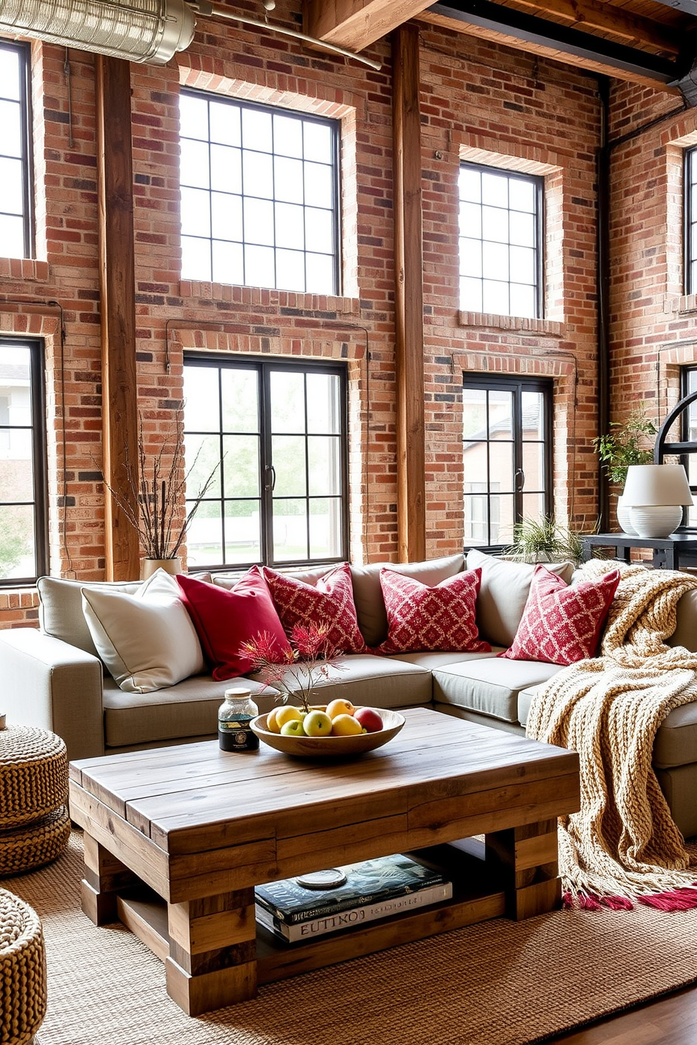 A stylish loft living area designed for Labor Day celebrations. The space features a mix of textured fabrics including soft cotton throws, plush velvet cushions, and a chunky knit blanket draped over a modern sectional sofa. The color palette combines warm earth tones with pops of vibrant red and blue accents. Large windows allow natural light to fill the room, highlighting a rustic wooden coffee table adorned with seasonal decorations and a bowl of fresh fruit.