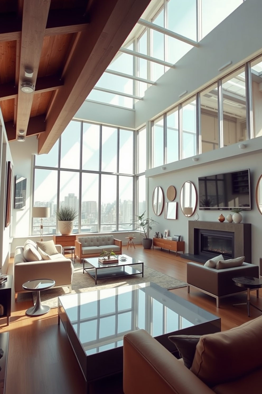 A spacious loft living room filled with natural light. Large windows allow sunlight to flood the space, highlighting the sleek furniture and modern decor. Incorporate multiple mirrors on the walls to reflect the light and create an illusion of depth. Use a combination of warm and cool tones to achieve a balanced and inviting atmosphere.