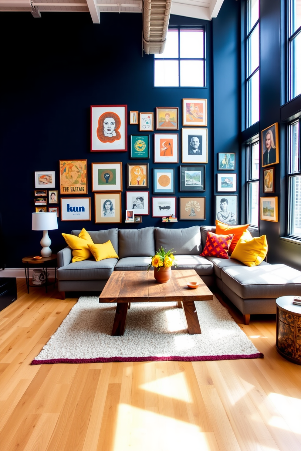 A stylish loft living space featuring a bold accent wall painted in deep navy blue. The room is furnished with a plush gray sectional sofa adorned with vibrant yellow and orange throw pillows. Natural light floods in through large windows, highlighting a rustic wooden coffee table at the center. A gallery wall filled with eclectic art pieces complements the dynamic color scheme, creating a lively and inviting atmosphere.