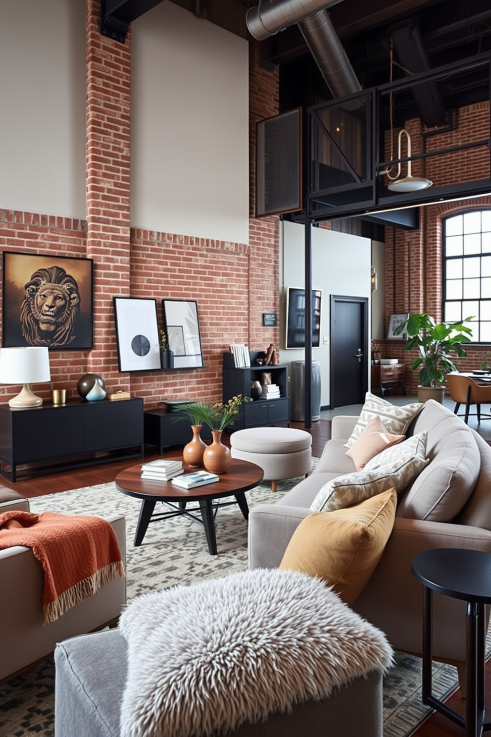 Select modern furniture with clean lines. Incorporate a mix of neutral tones and bold accents to create a balanced and inviting atmosphere. Use industrial elements like exposed brick and metal fixtures to enhance the loft's character. Add cozy textiles such as soft throws and plush cushions for comfort and warmth.