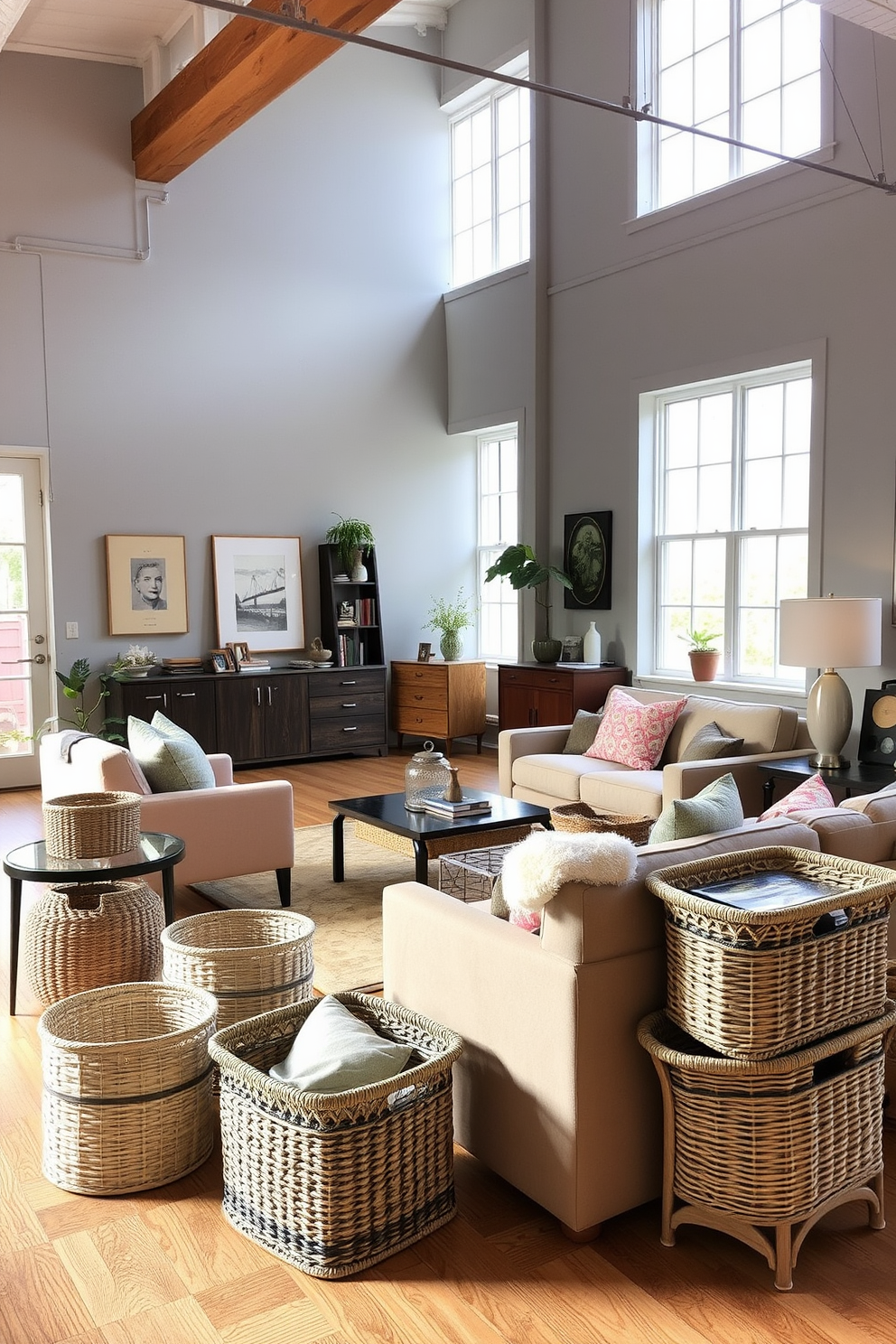 A stylish loft living area featuring decorative baskets for organization. The space is adorned with a mix of modern and vintage furniture, creating a cozy yet chic atmosphere. The walls are painted in a soft gray tone, complemented by warm wood accents. Large windows allow natural light to flood the room, enhancing the inviting ambiance.