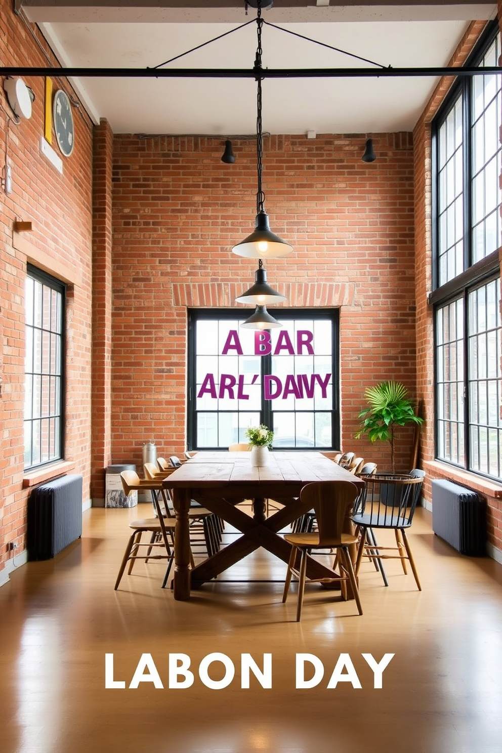 A modern loft space designed for Labor Day celebrations. The room features exposed brick walls and large windows, allowing natural light to flood in. In the center, a rustic wooden dining table is surrounded by mismatched chairs. Above the table, industrial-style lighting fixtures hang, casting a warm glow over the setting.