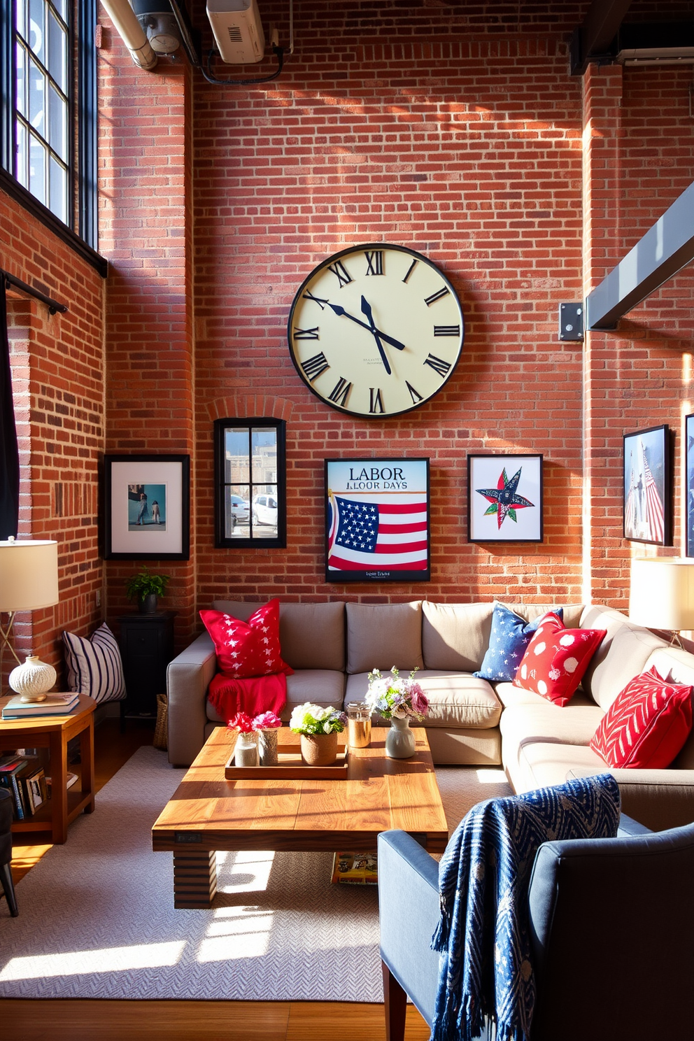 A stylish loft living room features an oversized statement clock mounted on the exposed brick wall, serving as a focal point of the space. The room is adorned with cozy seating arrangements, including a plush sectional sofa and a reclaimed wood coffee table, creating an inviting atmosphere for gatherings. Incorporate vibrant Labor Day decorations, such as red, white, and blue throw pillows and festive artwork, to celebrate the holiday. The large windows allow natural light to flood the room, enhancing the warm color palette and highlighting the unique industrial elements throughout the design.