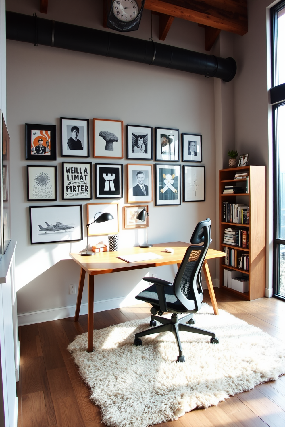 A stylish home office setup is designed within a contemporary loft space. The area features a sleek wooden desk paired with a comfortable ergonomic chair, positioned near a large window that allows natural light to flood in. On the wall behind the desk, a gallery of framed artwork adds personality and inspiration. A plush rug lies beneath the desk, and a tall bookshelf filled with books and decorative items completes the inviting atmosphere.