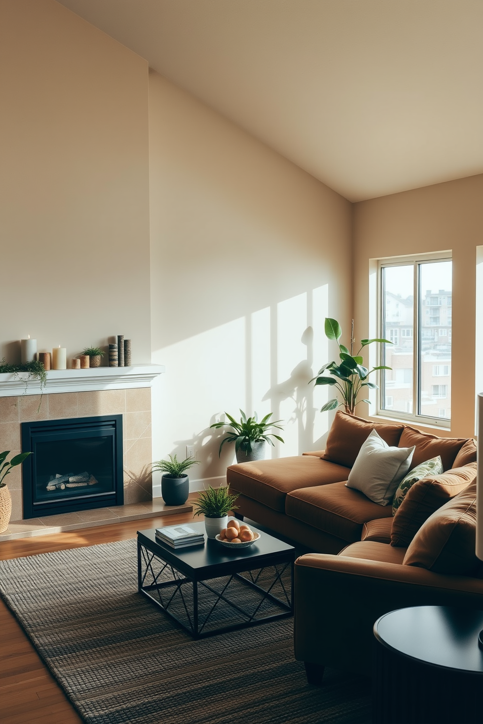 A cozy loft living room featuring a faux fireplace with a sleek mantel adorned with candles and decorative items. The seating area includes a plush sectional sofa in warm tones, complemented by a textured area rug and oversized throw pillows for added comfort. The walls are painted in a soft beige, creating a warm and inviting atmosphere. Large windows allow natural light to flood the space, while potted plants add a touch of greenery and freshness to the decor.