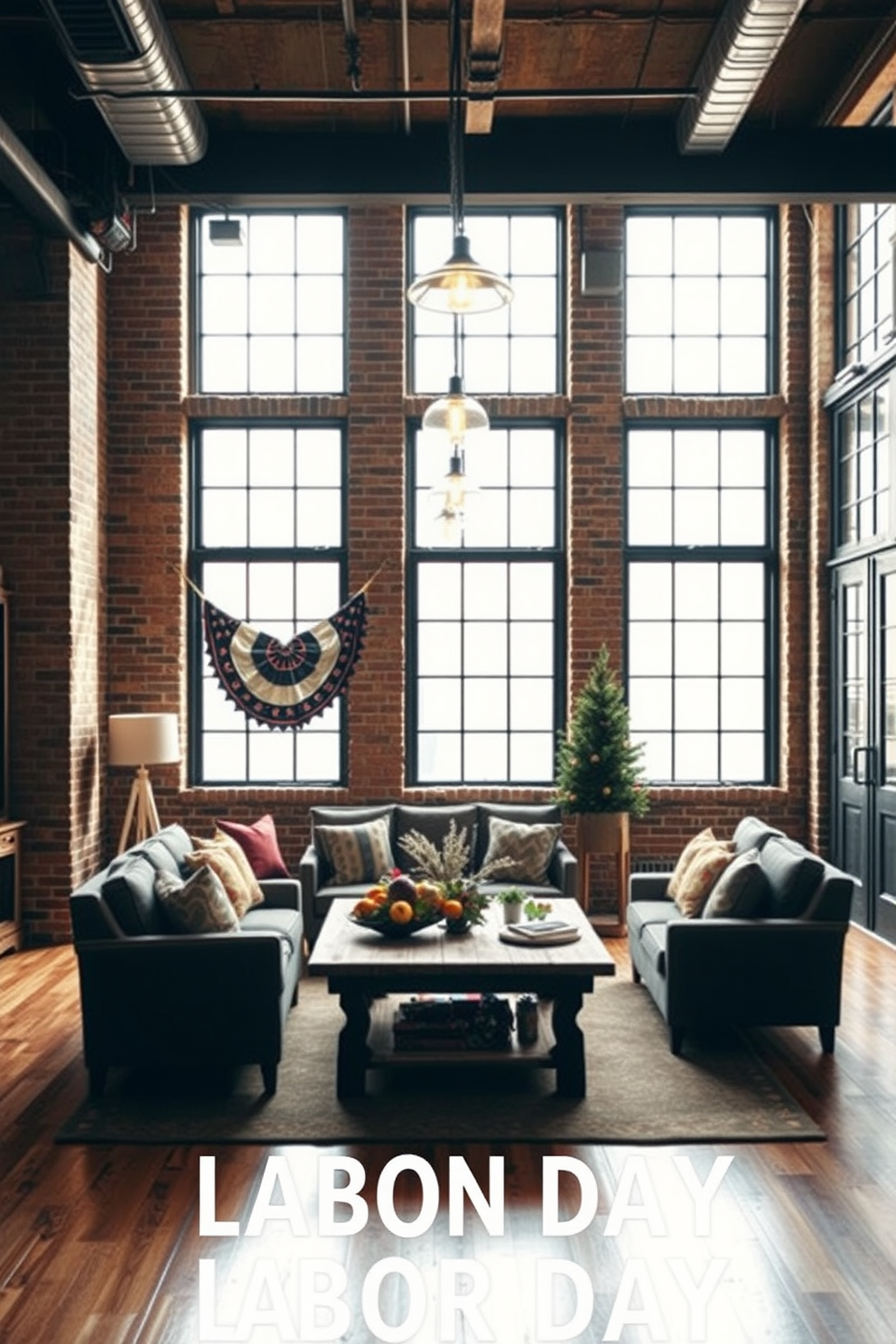 A stylish loft space designed for Labor Day celebrations. The room features exposed brick walls and large windows that allow natural light to flood in, creating a warm and inviting atmosphere. Comfortable seating is arranged around a rustic wooden coffee table, adorned with seasonal decorations. Pendant lights hang from the ceiling, providing overhead illumination and enhancing the cozy vibe of the space.