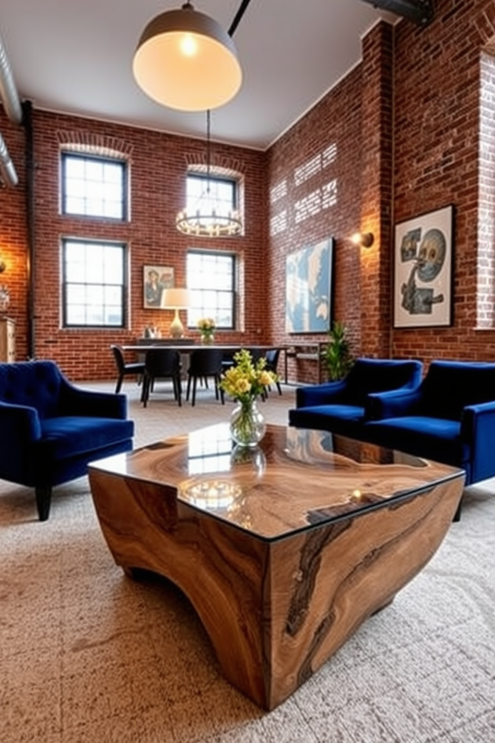 A unique coffee table design featuring an asymmetrical shape made of reclaimed wood with a glass top. Surrounding the table are plush velvet chairs in a rich navy hue, creating a cozy yet stylish atmosphere for relaxation. Labor Day loft decorating ideas that emphasize a blend of industrial and modern aesthetics. Exposed brick walls paired with warm lighting fixtures and vibrant artwork create a welcoming space ideal for gatherings.