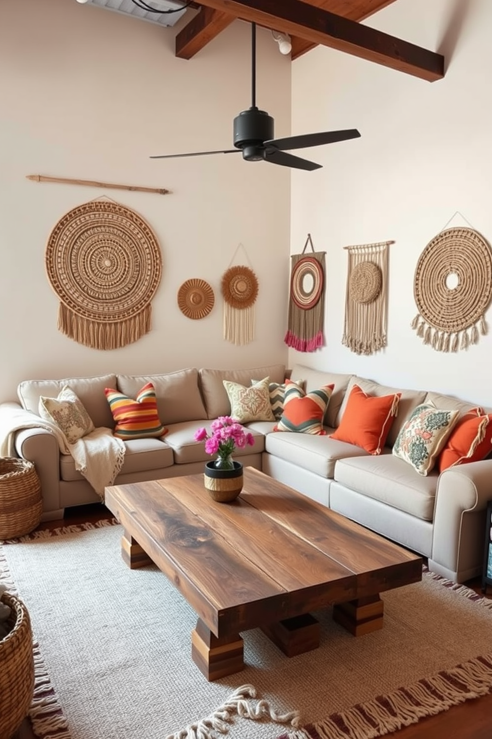 A cozy loft space designed for Labor Day celebrations. The walls are adorned with woven wall hangings that add warmth and texture to the room. A large sectional sofa in a soft neutral tone is complemented by vibrant throw pillows. A rustic coffee table made of reclaimed wood sits at the center, surrounded by cozy blankets for a relaxed atmosphere.