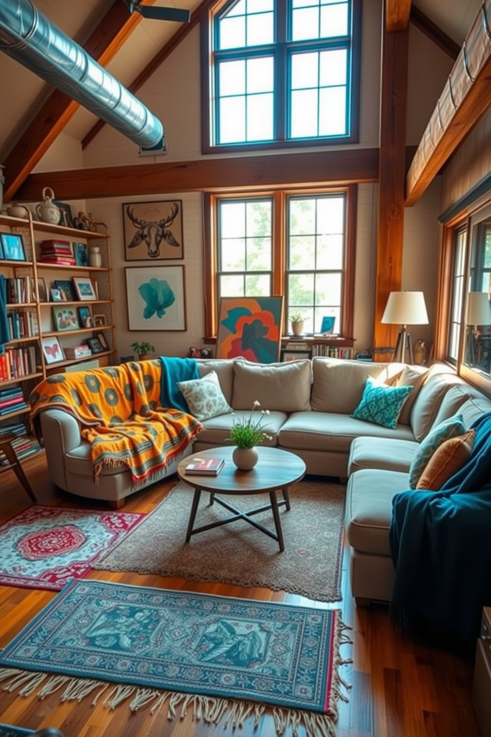 A cozy loft space adorned with colorful throw blankets draped over a plush sectional sofa invites relaxation. The walls are accented with vibrant artwork, and large windows allow natural light to fill the room, enhancing the warm atmosphere. Incorporate rustic wooden shelves filled with books and decorative items to create a personalized touch. A stylish coffee table in the center complements the space, surrounded by soft area rugs to add comfort and style.