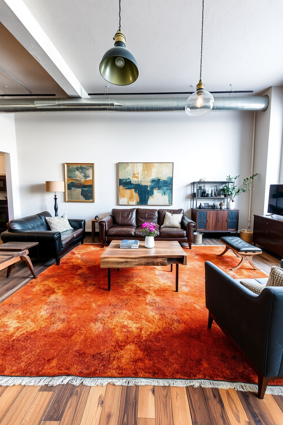 A stylish loft living room features a large area rug in warm earth tones that anchors the space and adds comfort. The rug is surrounded by a mix of modern and vintage furniture, including a sleek leather sofa and a reclaimed wood coffee table. The walls are adorned with abstract art that reflects the vibrant colors of the rug. Industrial-style lighting fixtures hang from the ceiling, casting a warm glow over the inviting atmosphere.