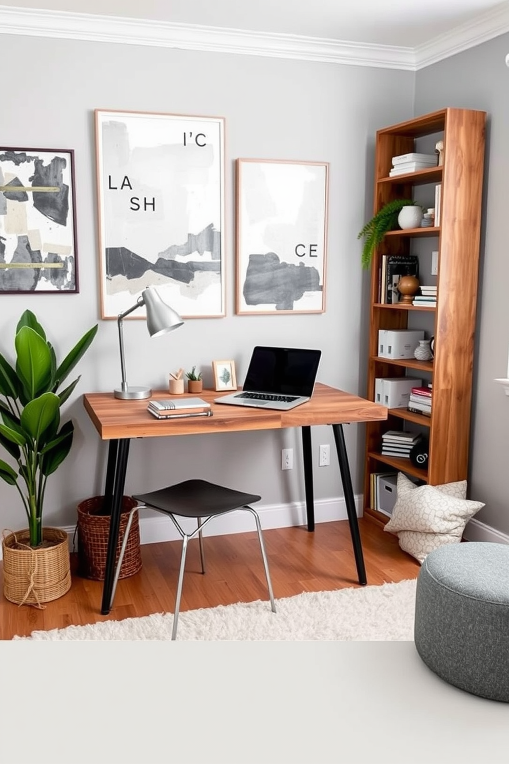 Create a workspace with a stylish desk made of reclaimed wood paired with a sleek metal chair. The walls are painted in a soft gray tone and adorned with abstract art pieces that inspire creativity. In the corner, a tall bookshelf filled with books and decorative items adds personality to the space. A cozy rug underfoot and a potted plant nearby bring warmth and life to the room.