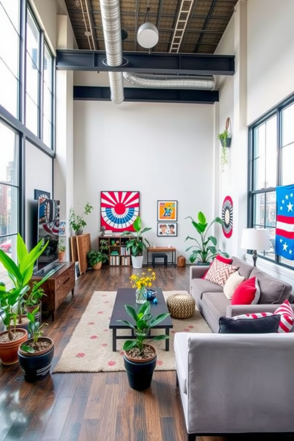 A stylish loft decorated for Labor Day features an open living space with high ceilings and large windows allowing natural light to flood in. The decor includes a mix of modern furniture and vintage pieces, with a cozy seating area centered around a sleek coffee table. Potted plants are strategically placed around the room, adding vibrant greenery and a touch of nature to the urban setting. The walls are adorned with festive Labor Day-themed artwork, incorporating red, white, and blue accents to celebrate the holiday.