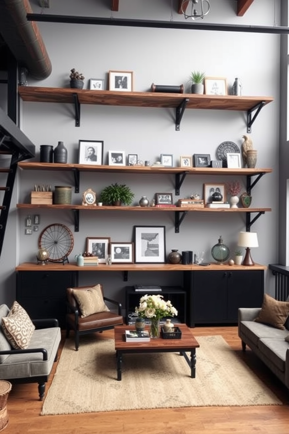 A stylish loft space adorned with open shelving that showcases a curated collection of decorative items. The shelves are made of reclaimed wood and are complemented by industrial metal brackets, adding a touch of modern charm. The walls are painted in a soft gray hue, creating a neutral backdrop that allows the decorative items to stand out. Cozy seating is arranged around a central coffee table, enhancing the inviting atmosphere of the loft.