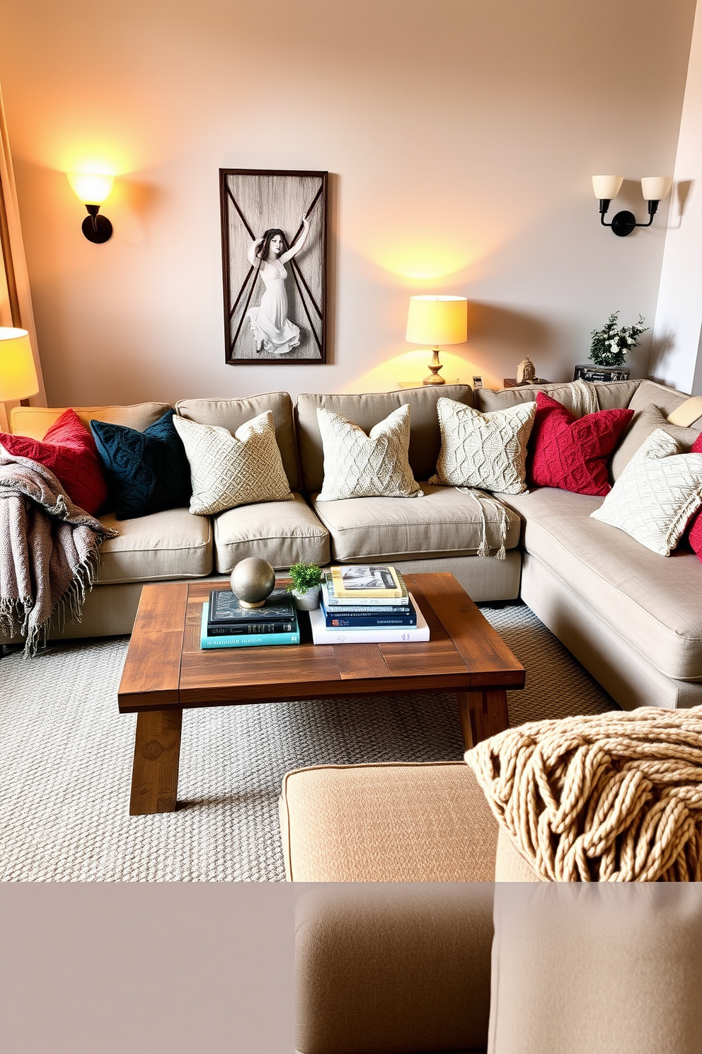 Create a cozy living room setting that features a mix of textures with various throw pillows and blankets. Incorporate a large sectional sofa adorned with colorful pillows and a chunky knit blanket draped over one armrest. Add a rustic coffee table made of reclaimed wood at the center, topped with a few decorative books and a small plant. Surround the space with warm lighting from stylish floor lamps and wall sconces to enhance the inviting atmosphere.